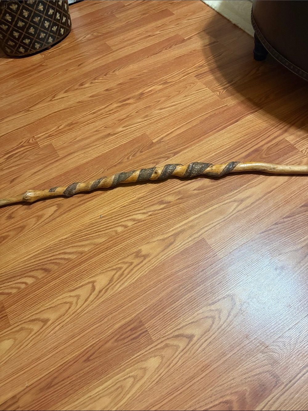 Hand-Carved Decorative Wood Walking Stick with Spiral Inlay